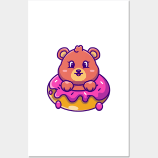 Cute baby bear with doughnut cartoon Posters and Art